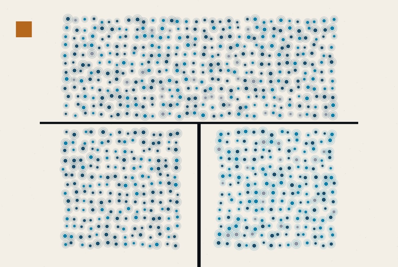 An abstract illustration in dots and straight lines: one dense field of blue dots at the top splits into two separate columns below, divided by a thin vertical rule.
