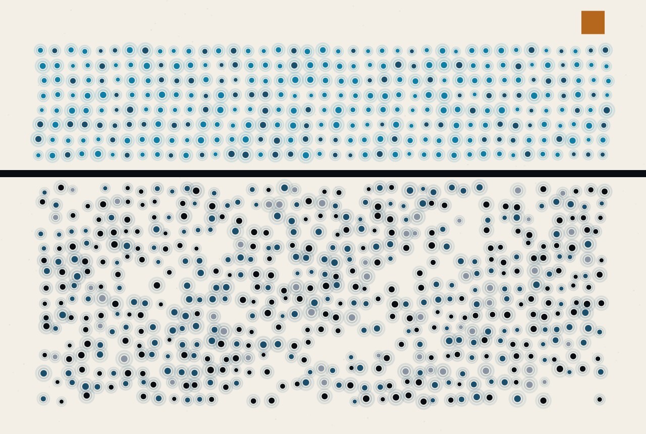 An abstract illustration in dots and straight lines: a bright, orderly field of dots sits on top of a darker, disordered field, separated by a single straight rule.