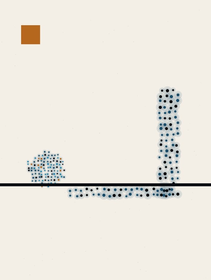 A pointillist illustration in a surreal style: a small sphere resting on a horizon line with a long thin shadow that bends sharply upward at the end, like a club shaft.