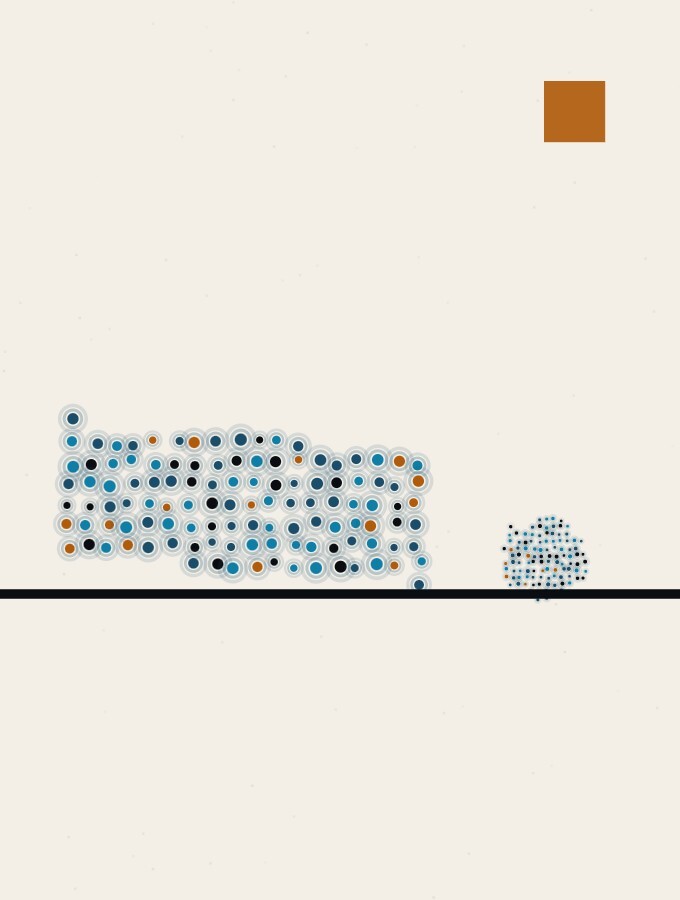 A pointillist illustration in a surreal style: a low rectangular block of dots on a horizon line tilted slightly, with a small sphere of dots separated from it and resting on the ground beside it.