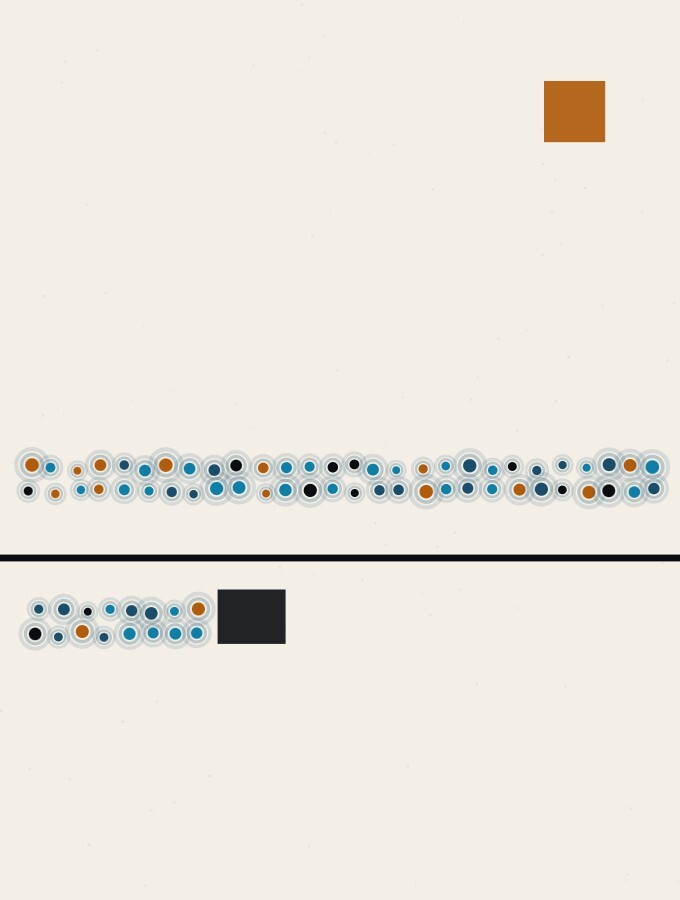 A pointillist illustration in a surreal style: a long line of small dots crossing a wide plain from left to right, while a much shorter line of dots stops near the start beside a small dark block.