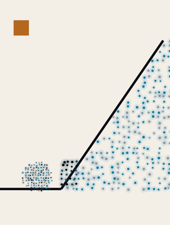 A pointillist illustration in a surreal style: a sphere of dots sitting at the foot of a steep diagonal slope, with a short, dark shadow on the first step of the slope only.