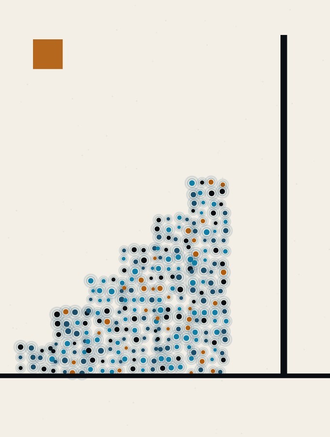 A pointillist illustration in a surreal style: a staircase of low horizontal steps of dots climbing gently from left to right, each step the same small height, with a single steep dark rule beside them going straight up.