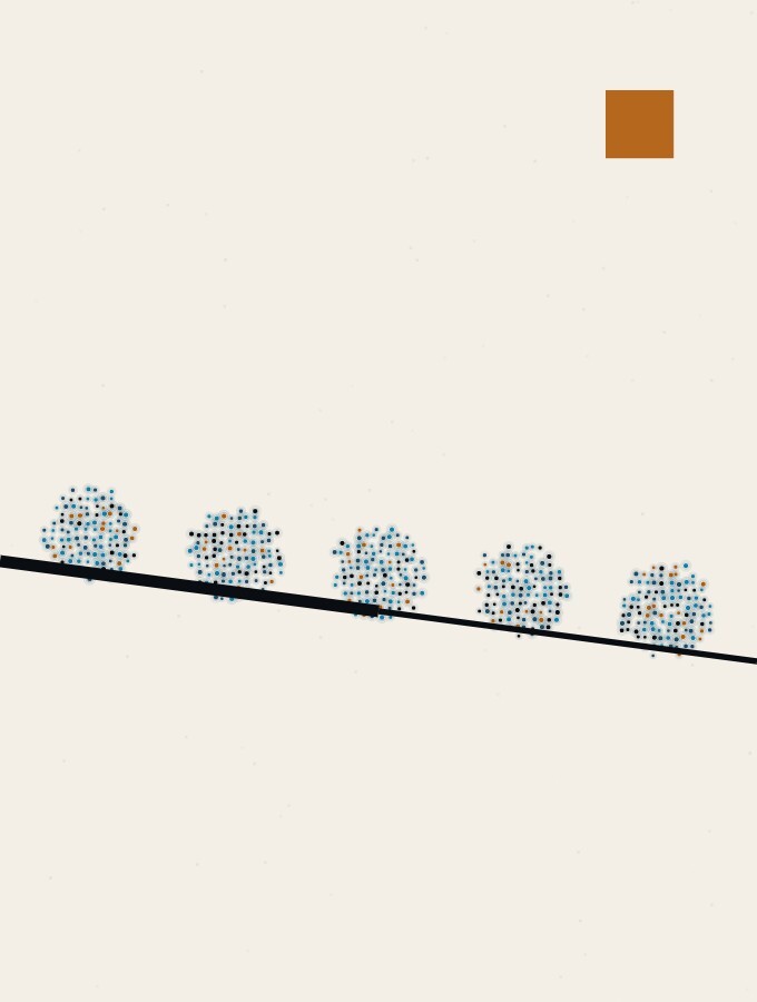 A pointillist illustration in a surreal style: a long line of small spheres of dots queued along a horizon line, with the line itself drawn thinner and lower at the right than at the left.