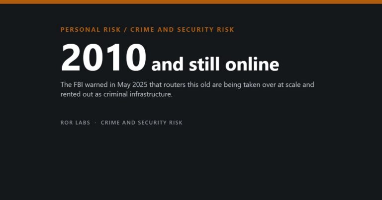 ROR Labs cover: 2010 and still online. The FBI warned in May 2025 that routers this old are being taken over at scale and rented out as criminal infrastructure.