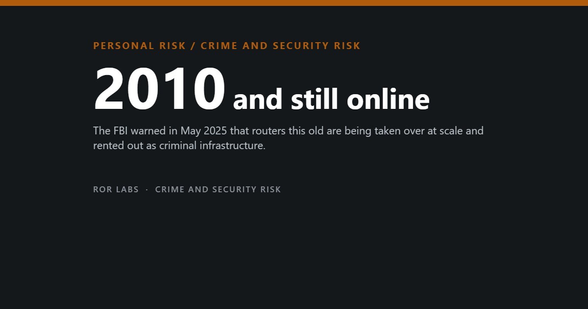 ROR Labs cover: 2010 and still online. The FBI warned in May 2025 that routers this old are being taken over at scale and rented out as criminal infrastructure.