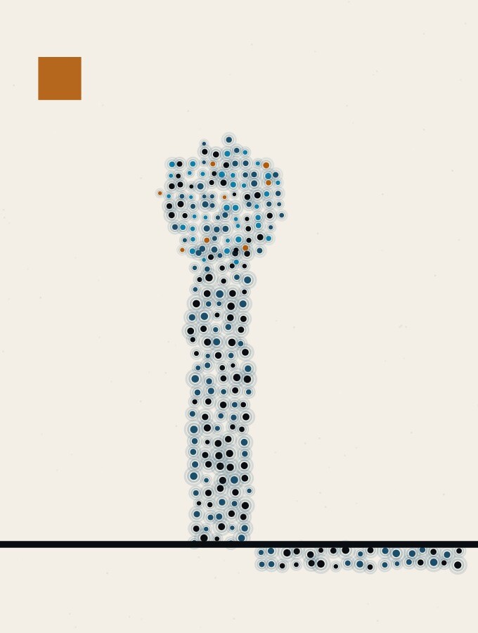 A pointillist illustration in a surreal style: a large sphere of dots resting high on a tall narrow column, with its shadow falling far below onto a dark horizon line.