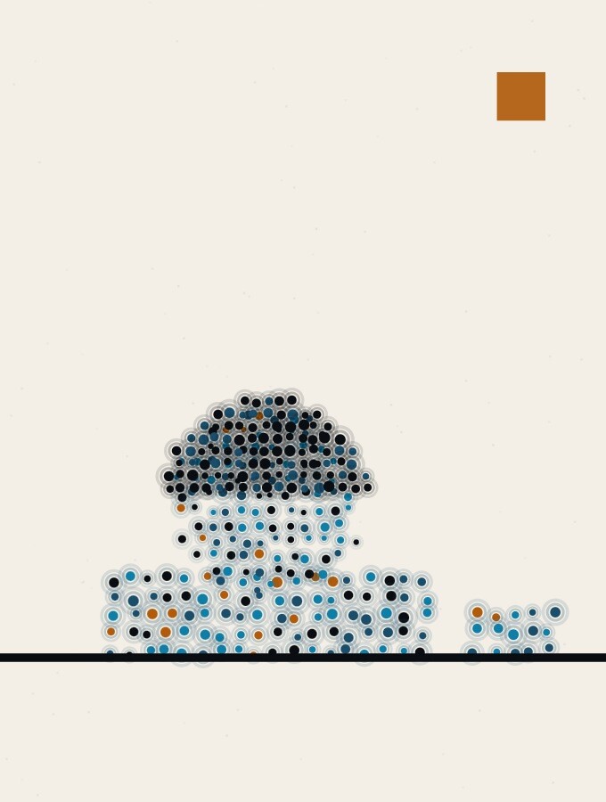 A pointillist illustration in a surreal style: a sphere of dots partly covered by a smooth dark cap, sitting on a low slab, with a small separate block resting on the ground to one side.
