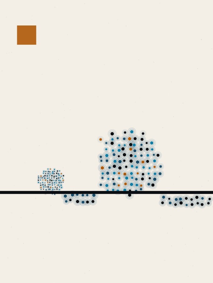 A pointillist illustration in a surreal style: a small sphere of dots beside a much larger sphere on a long horizon line, both casting shadows that lean the same way.