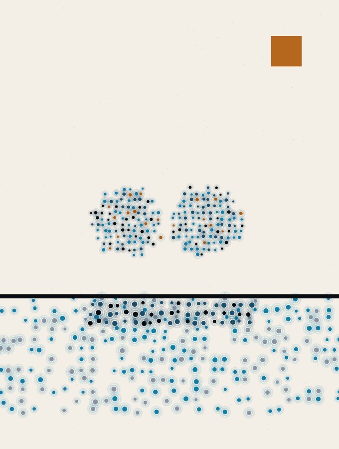 A pointillist illustration in a surreal style: two spheres of dots meeting at a single point above a pale flat plane, their shadows merging into one dark mass beneath them.