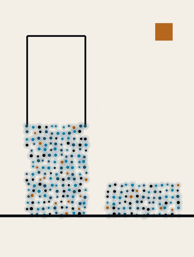 A pointillist illustration in a surreal style: a tall slab of dots with its upper half missing, the missing section resting on the ground beside it as a small low block.