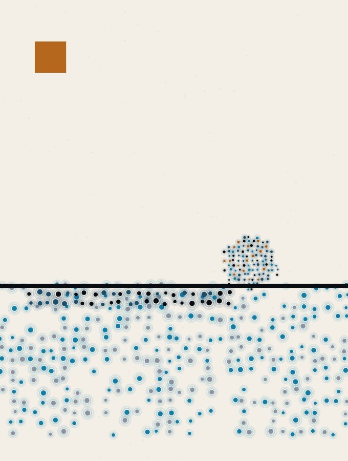 A pointillist illustration in a surreal style: a single sphere of dots gliding across a wide pale plane with a long straight shadow behind it and nothing else in its path.
