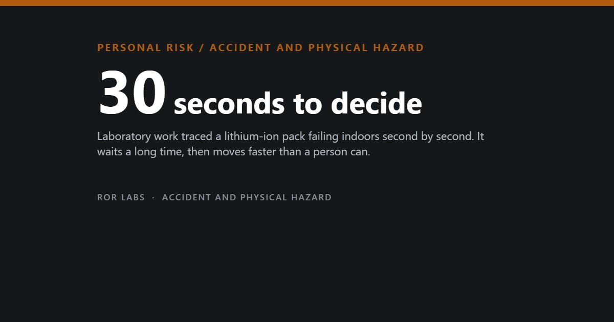 ROR Labs cover: 30 seconds to decide. Laboratory work traced a lithium-ion pack failing indoors second by second. It waits a long time, then moves faster than a person can.