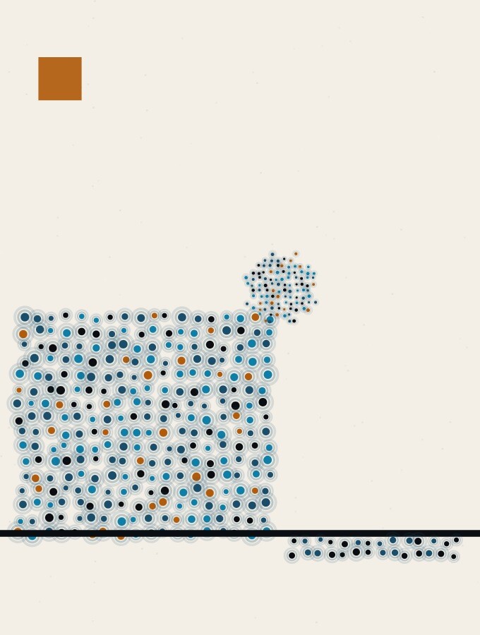 A pointillist illustration in a surreal style: a small sphere of dots rolling off the edge of a raised flat slab, with a long shadow stretching down to the ground below it.