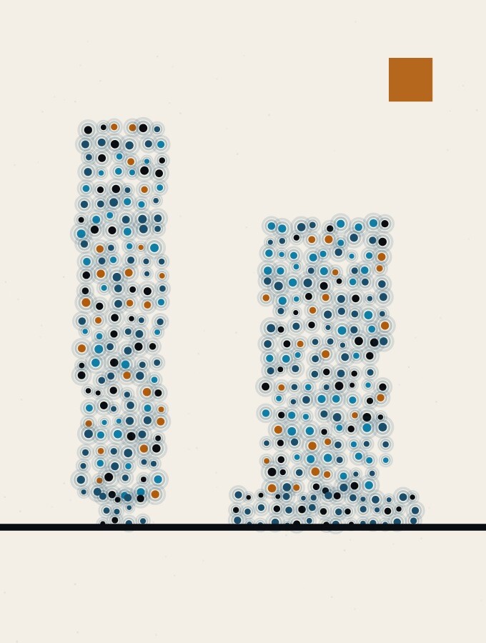 A pointillist illustration in a surreal style: a tall column of dots standing on a narrow base beside a shorter column on a wide base, both on a dark horizon line.