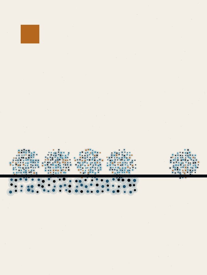 A pointillist illustration in a surreal style: four small spheres of dots gathered close together on a horizon line, casting one shared shadow, with a single sphere set apart at the far edge.