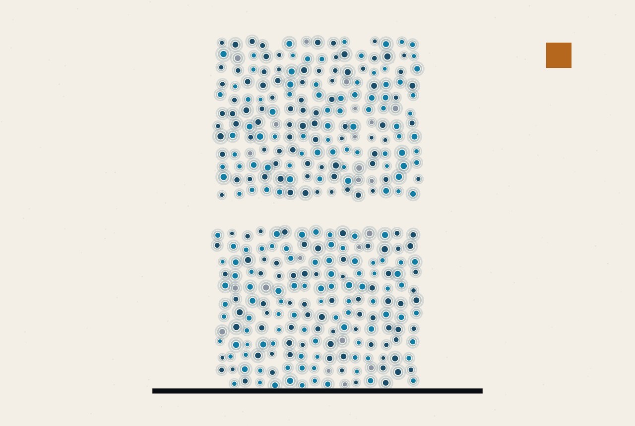 An abstract illustration in dots and straight lines: a tall, dense column of blue dots with one horizontal band near the middle left completely empty, so the column is split by a gap.