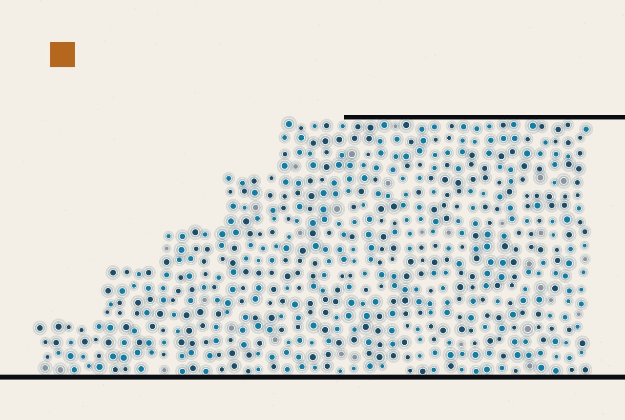 An abstract illustration in dots and straight lines: a field of dots rising in steps from left to right and then running flat along a single horizontal rule to the right edge.