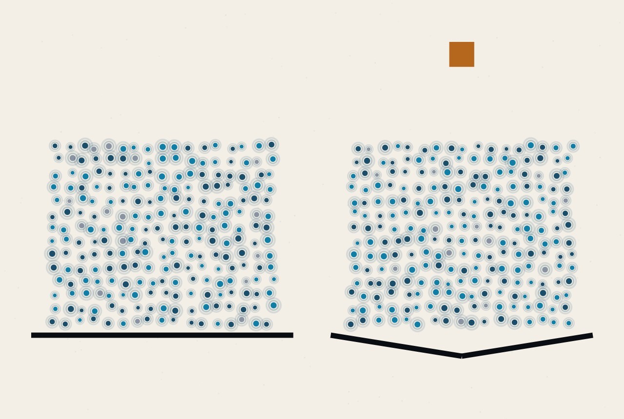 An abstract illustration in dots and straight lines: two equal fields of dots side by side, the left sitting on a straight rule and the right on a rule that sags slightly in the middle, with a small amber square above.