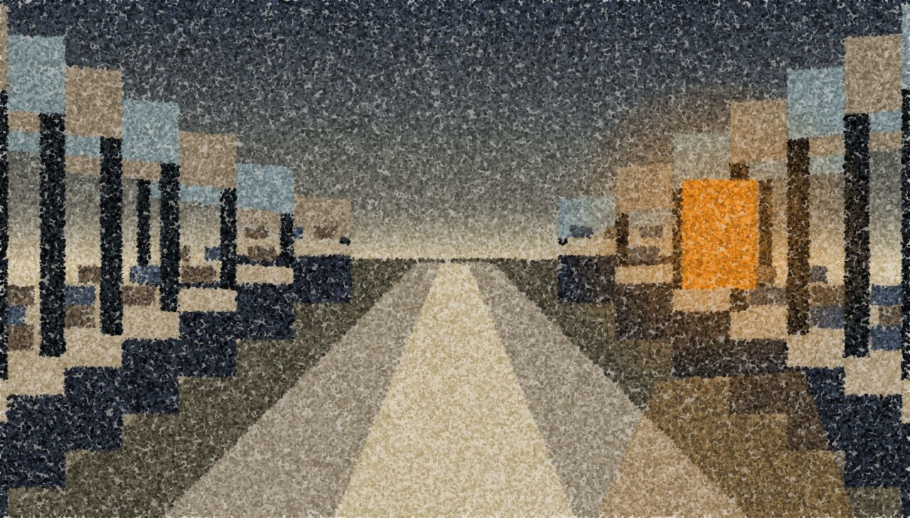 A market aisle at dusk, stalls receding on both sides, one stall on the right still lit and spilling warm light onto the ground.