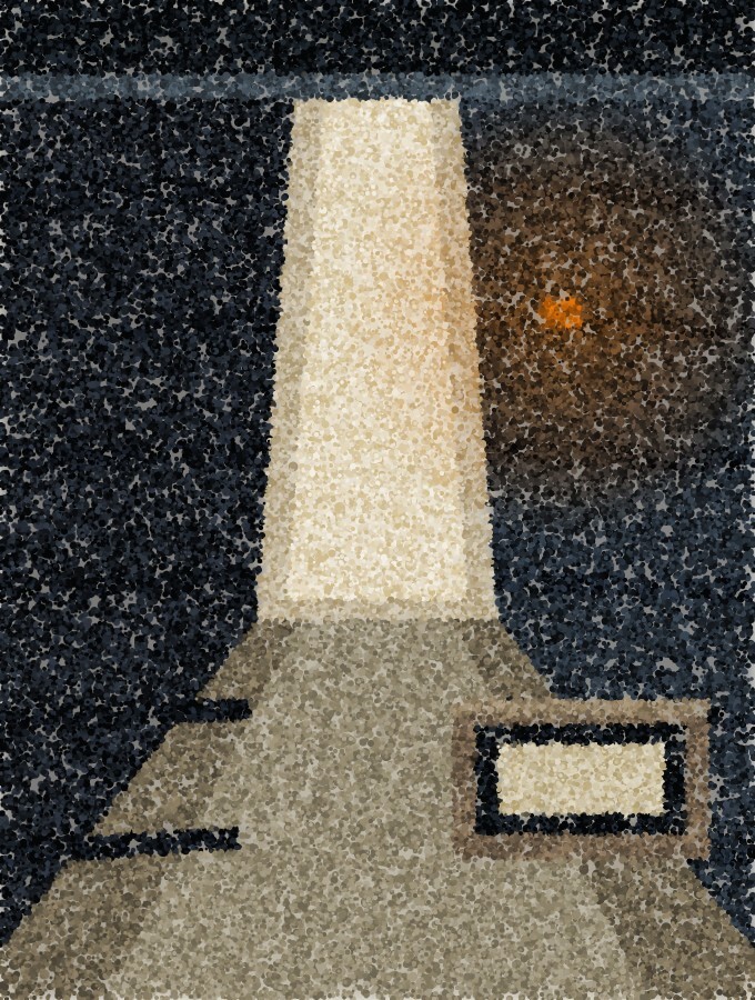 A narrow bright gap between two dark stall walls, the pale ground widening toward the viewer, an open crate at the mouth of the gap.