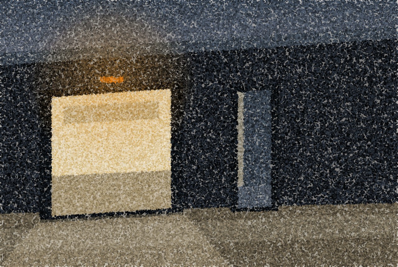 A dark wall at dusk with two openings: a wide, brightly lit doorway on the left spilling light onto the ground, and a narrow, dim one to its right.
