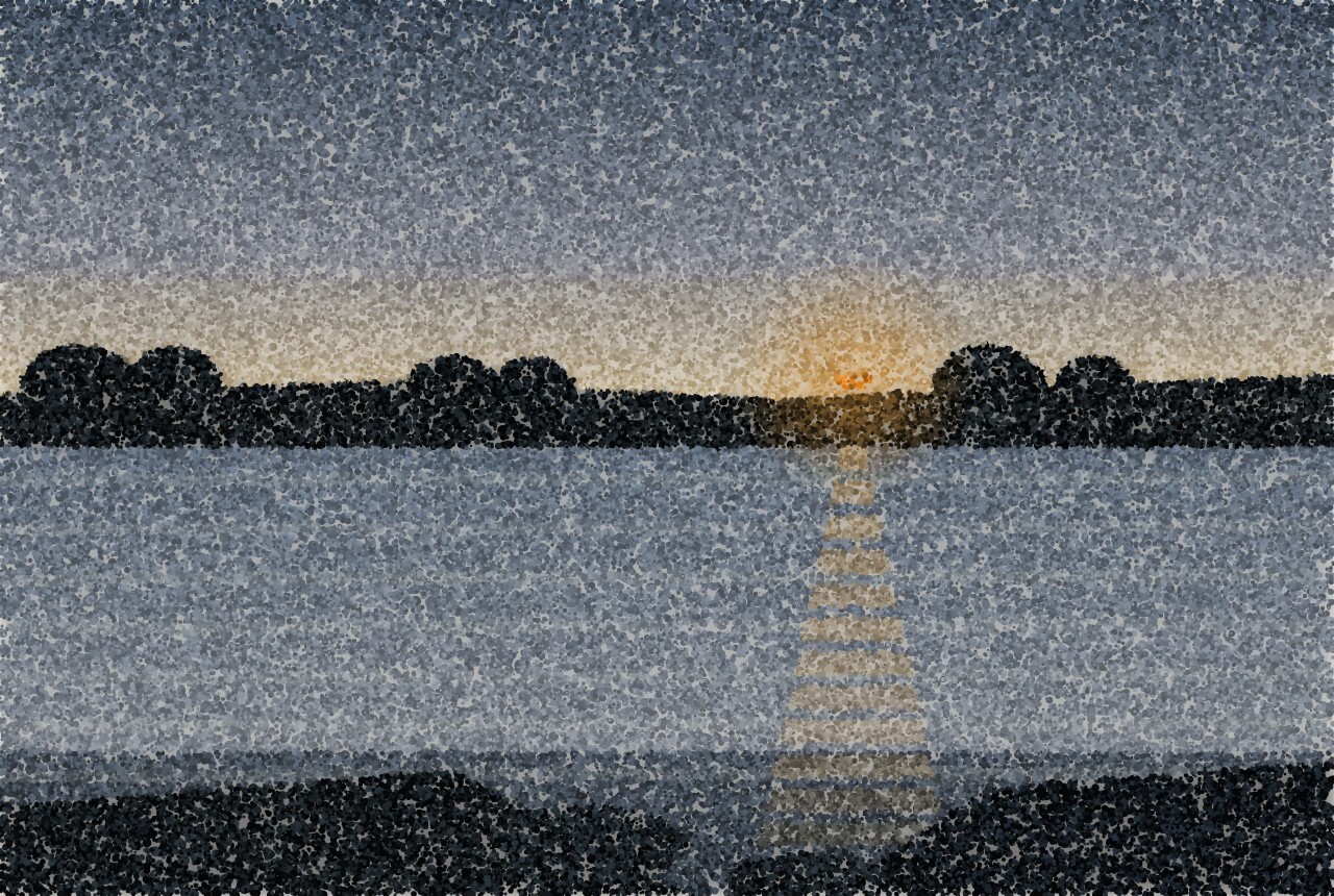 Still water at dusk, a dark treeline on the far bank, one small warm light there and its long reflection reaching across the water toward the viewer.