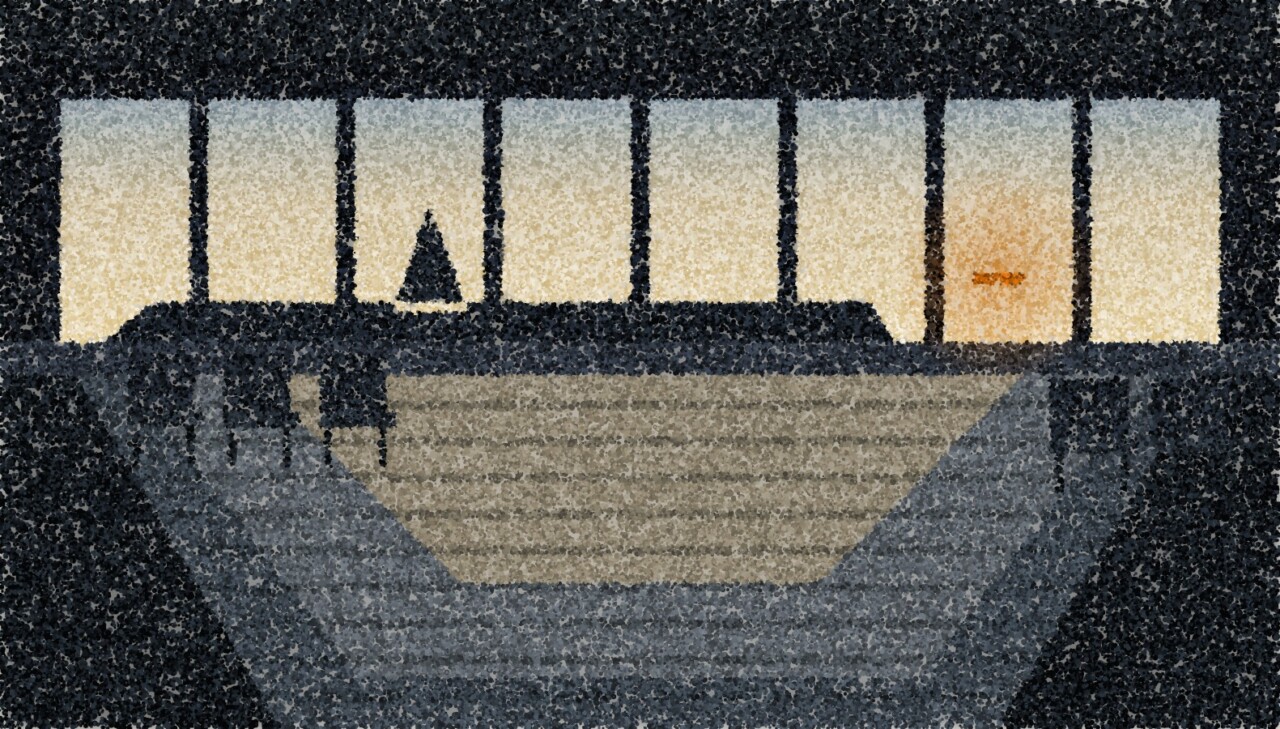 An empty airport departure hall at dusk, a bright glazed wall with a dark aircraft tail beyond it, and a reflective floor running toward the viewer.