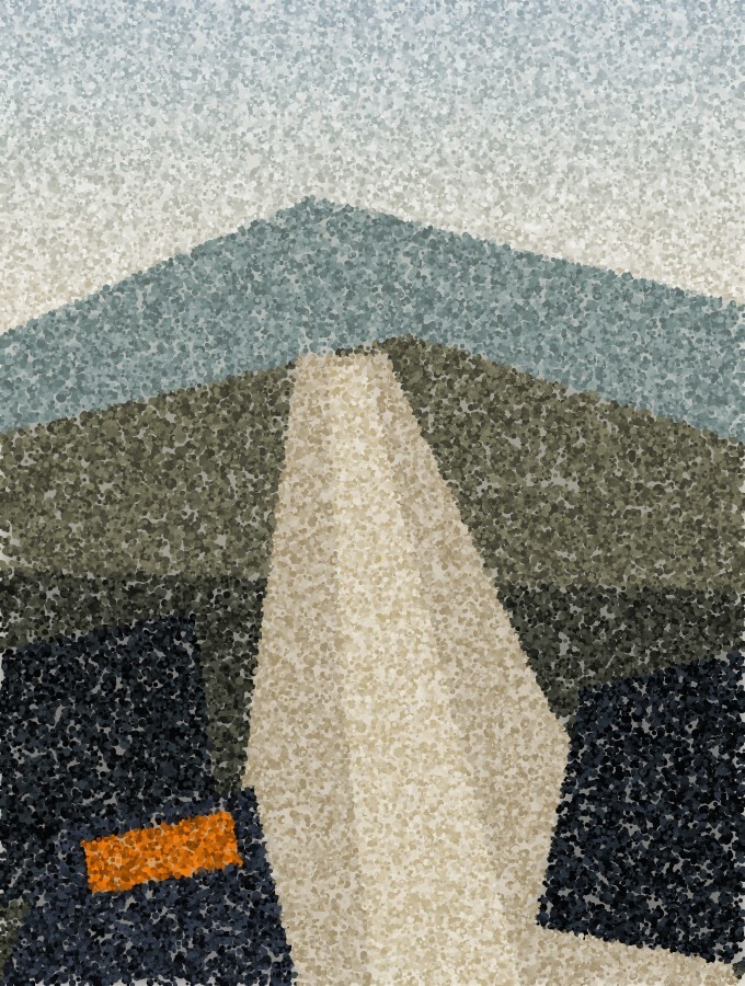 A pale path climbing between dark rocks toward a ridge under a bright sky, with a painted waymark on a rock in the foreground.