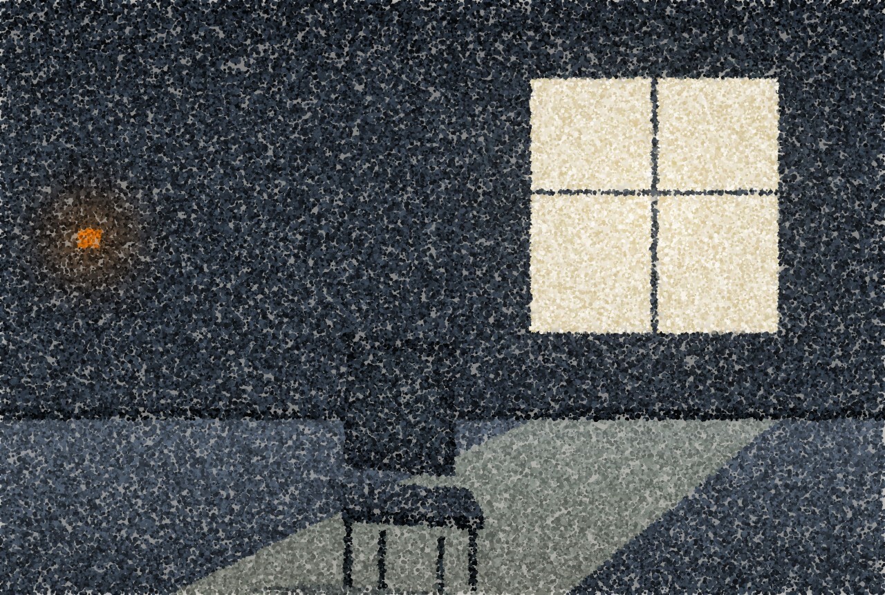 A pointillist illustration of an empty room at dusk with a single chair standing in the light falling from one window.