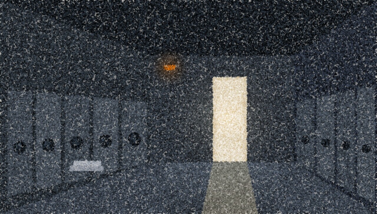 A pointillist illustration of an empty laundrette at dusk, machines receding along both walls towards a bright open doorway at the far end.