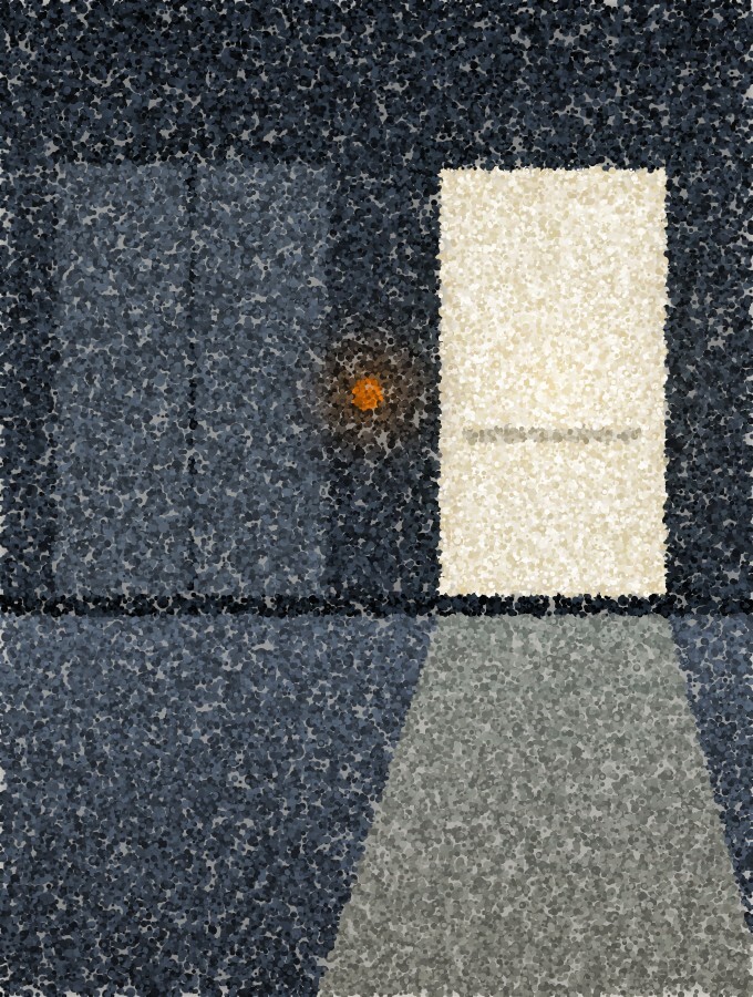 A pointillist illustration of a lift lobby at night, one car standing open with its light spilling across the floor.