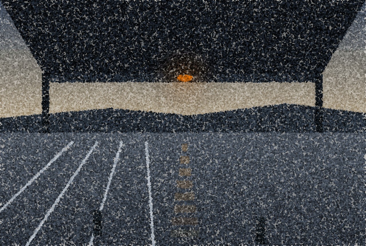 A pointillist illustration of an empty ambulance bay at dusk, painted lines receding under a dark canopy.