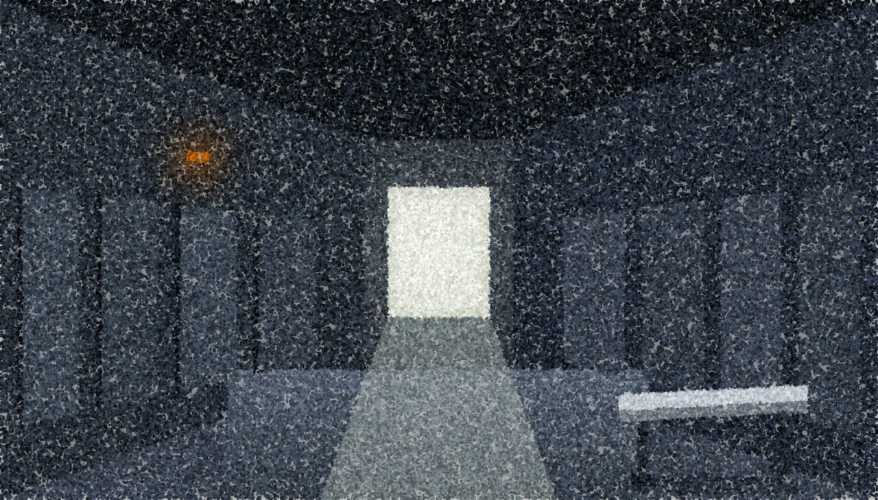 A pointillist illustration of a hospital corridor at night, doors receding towards a single lit station at the end.