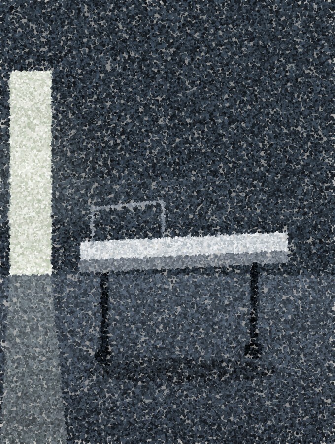 A pointillist illustration of an empty gurney standing in a dim side corridor beside a lit doorway.