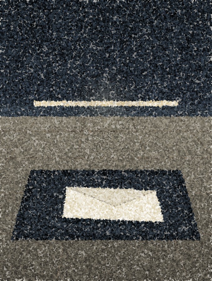 A pointillist illustration of a single envelope lying on a dark doormat, with a thin blade of light under the door above it.