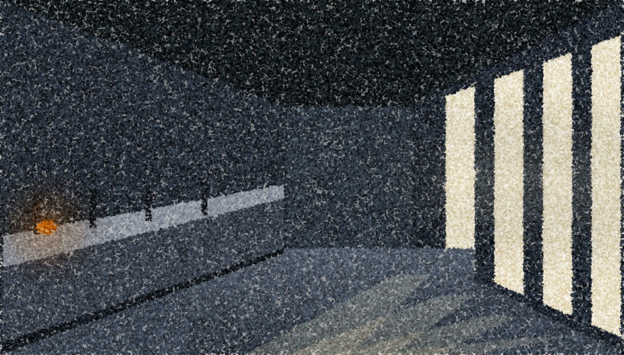 A pointillist illustration of an empty banking hall at dusk, a long counter running away to one side beneath tall windows.