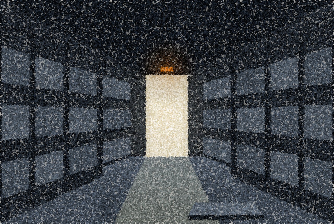 A pointillist illustration of a warehouse aisle, racking receding on both sides towards a bright opening at the far end.