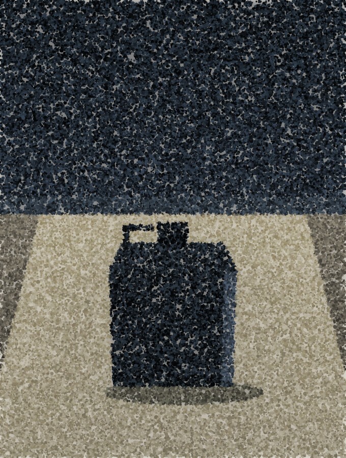 A pointillist illustration of a single dark water container standing alone in a lit patch of floor.