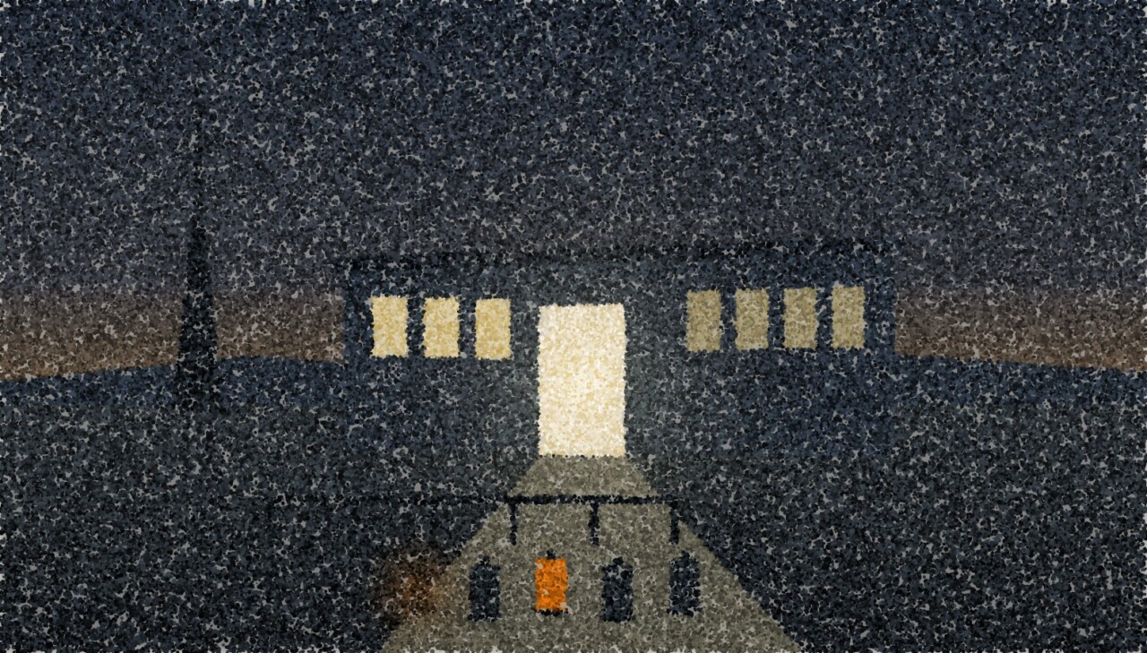 A pointillist illustration of a low clinic at dusk, dark except for one lit doorway, with containers waiting in the light outside.