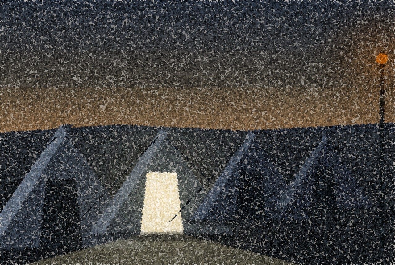A pointillist illustration of a row of pitched shelters at dusk, all dark except one with a lit opening.