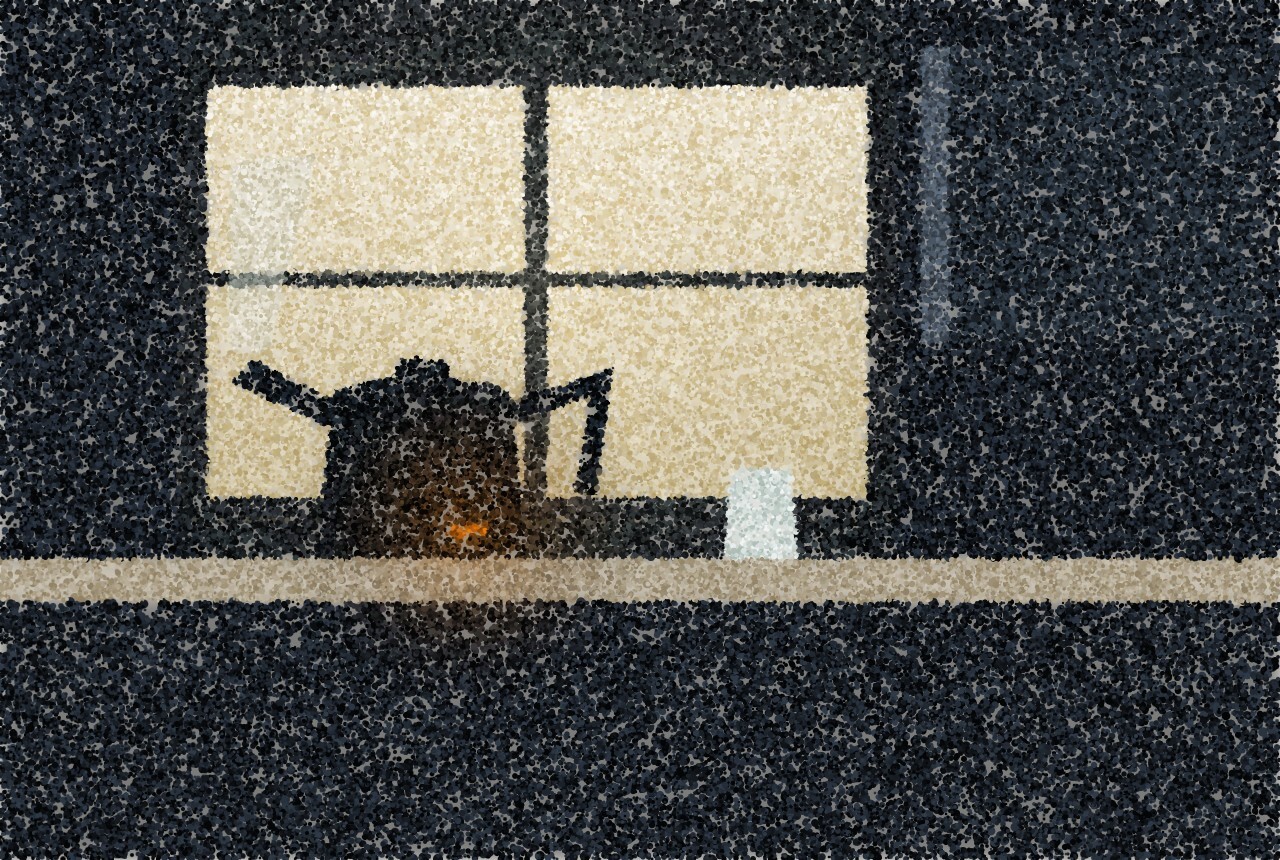 A pointillist illustration of a kettle in silhouette on a worktop against a bright window, steam rising.