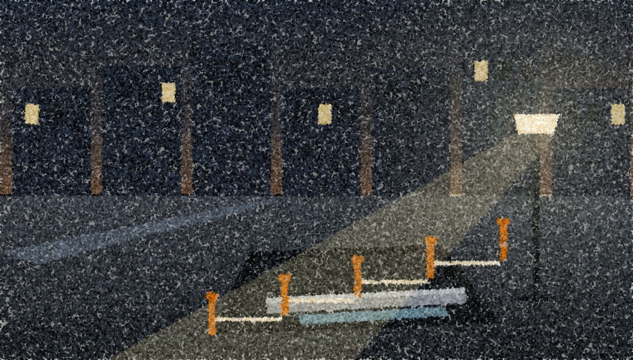 A pointillist illustration of a night street with an excavation around a water main, orange barriers and a work light.