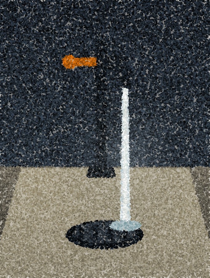A pointillist illustration of a standpipe with water falling in a bright column into a dark drain set in a lit floor.