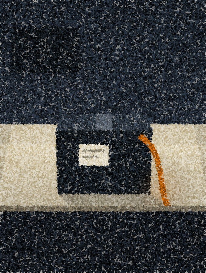 A pointillist illustration of a dark cardboard box with a white label on a brightly lit desk, an orange lanyard over the front edge.