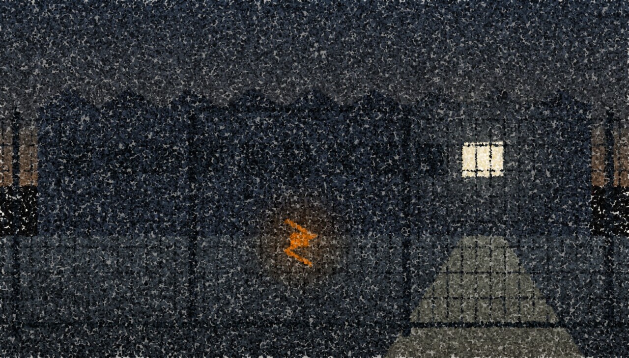 A pointillist illustration of a dark industrial building at dusk behind a fence and a chained gate, with one lit window.