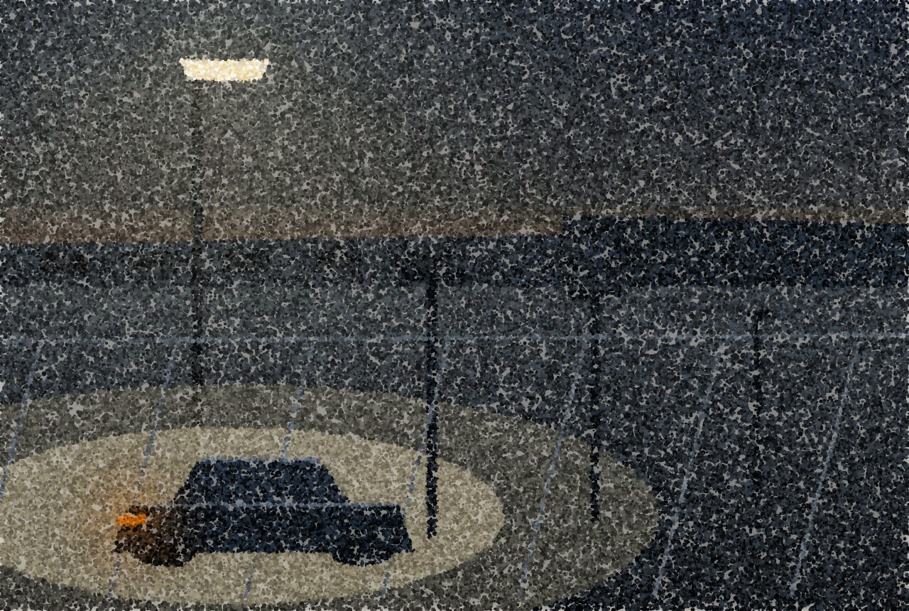 A pointillist illustration of an empty car park at dusk with a single lit lamp and one car standing in its pool of light.