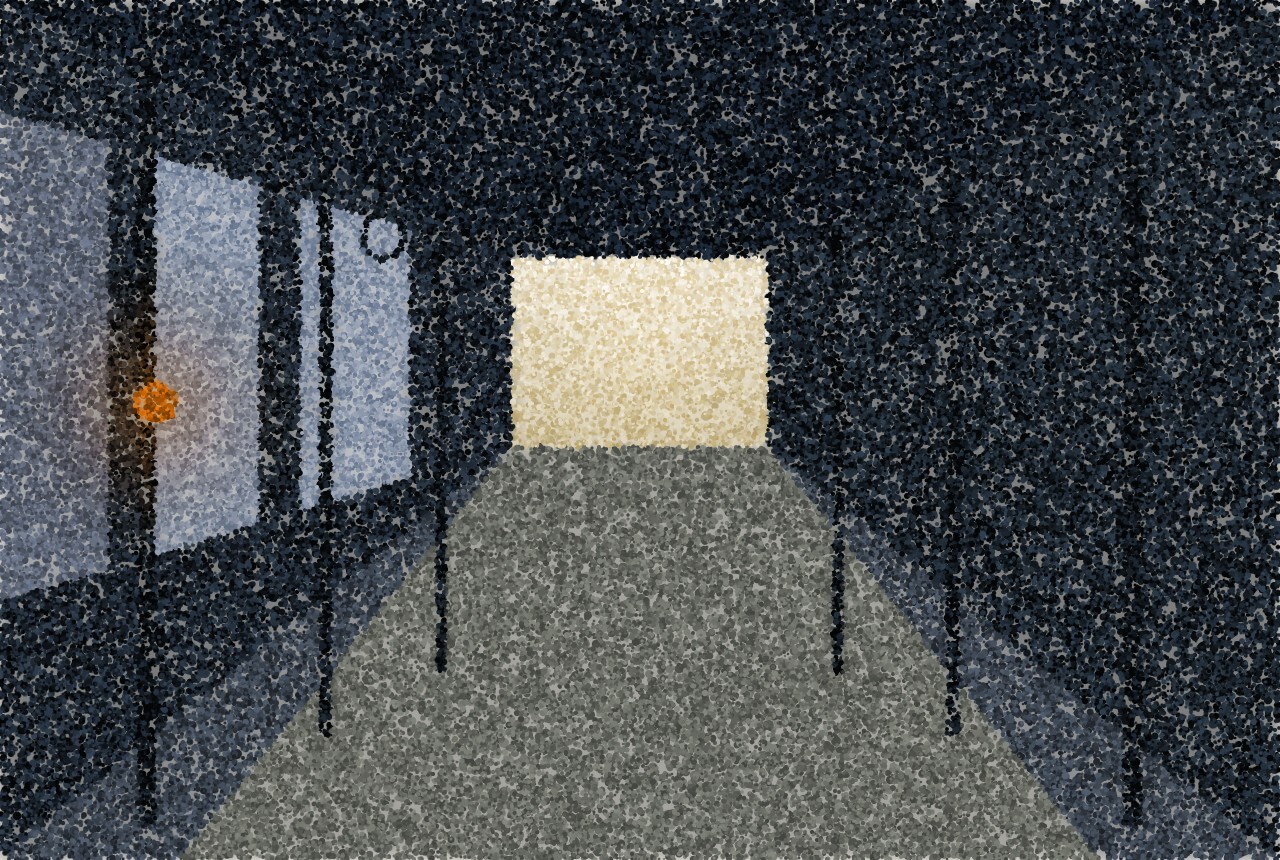 A pointillist illustration of the aisle of a bus, stanchion poles receding towards a bright windscreen.