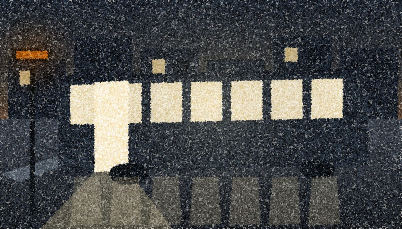 A pointillist illustration of a lit bus standing at a stop at dusk, its windows glowing over a wet road.