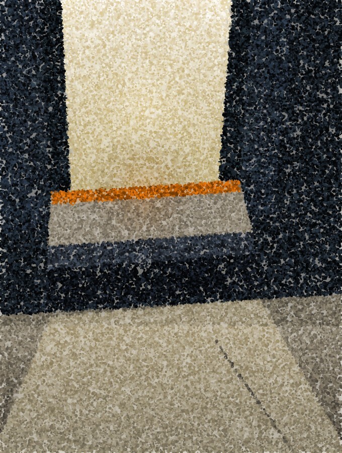 A pointillist illustration of the bottom step of a bus and the gap to the kerb, lit by the door light.